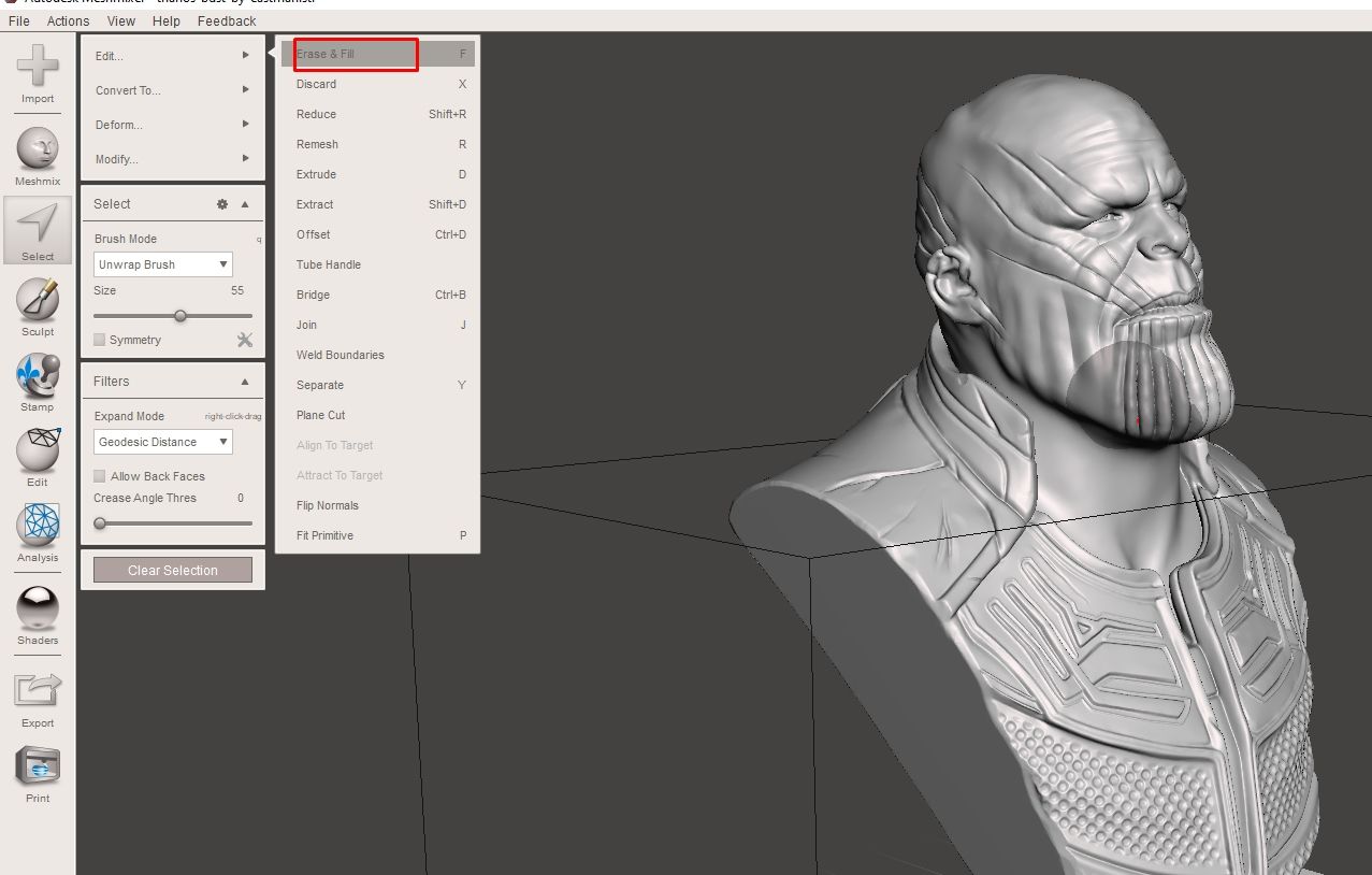 Meshmixer sculpting tools panel and brush options