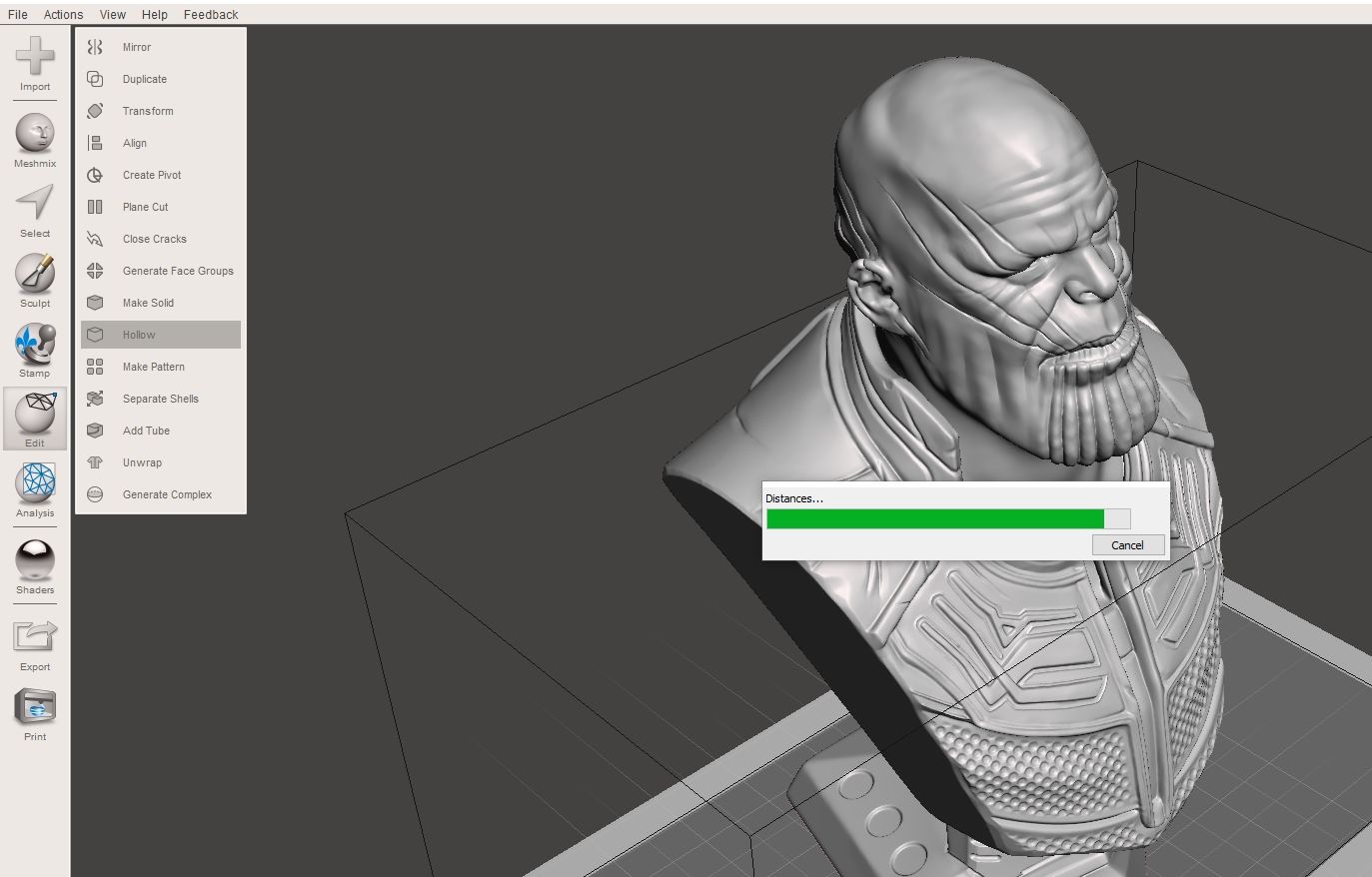 Meshmixer hollowing tool with wall thickness settings